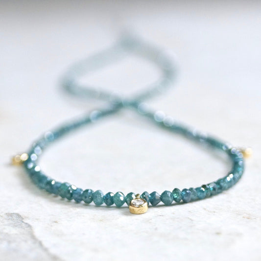 14K Solid Gold: Diamond Beads Necklace| Blue Diamond| White Diamond| Real Natural Genuine| Protection| Spiritual Stone| Charm