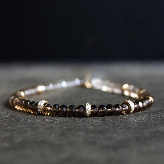 14K: Smoky Quartz & Diamond Bead Bracelet | 4mm | Natural Diamond | Brown Quartz | Father's Day | Fine Jewelry | For Him | Ombre | Gradient