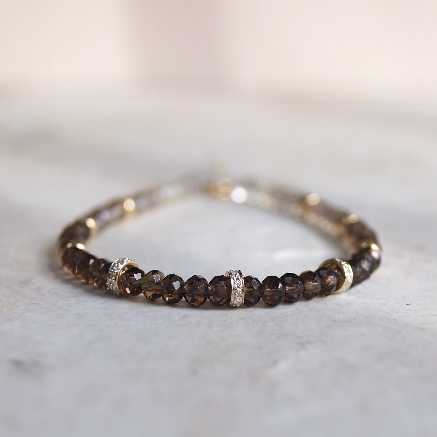 14K: Smoky Quartz & Diamond Bead Bracelet | 4mm | Natural Diamond | Brown Quartz | Father's Day | Fine Jewelry | For Him | Ombre | Gradient