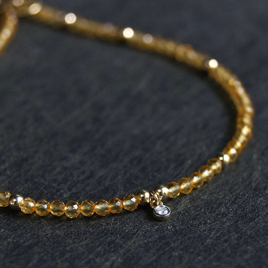 14K: Diamond & Citrine Bracelet | 2mm | Natural Diamond Charm | Yellow Crystal | Boho| Delicate  | Fine Jewelry | Anniversary