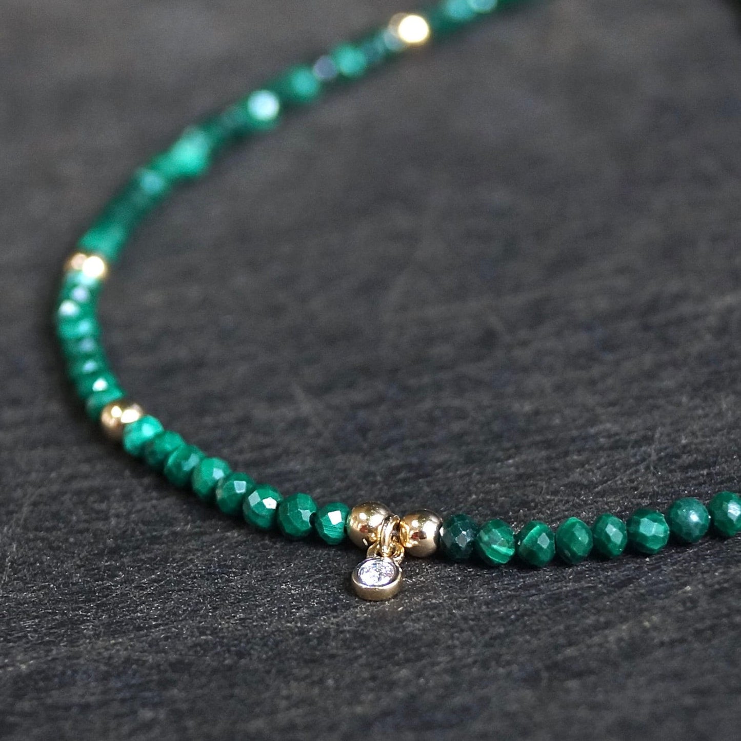 14K: Diamond & Malachite Bracelet | 2mm | Natural Diamond Charm | Green Gemstone | Boho| Delicate  | Fine Jewelry | Anniversary