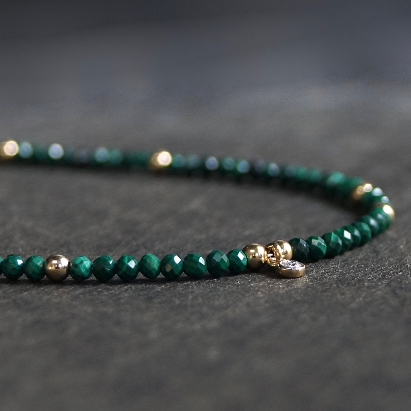 14K: Diamond & Malachite Bracelet | 2mm | Natural Diamond Charm | Green Gemstone | Boho| Delicate  | Fine Jewelry | Anniversary