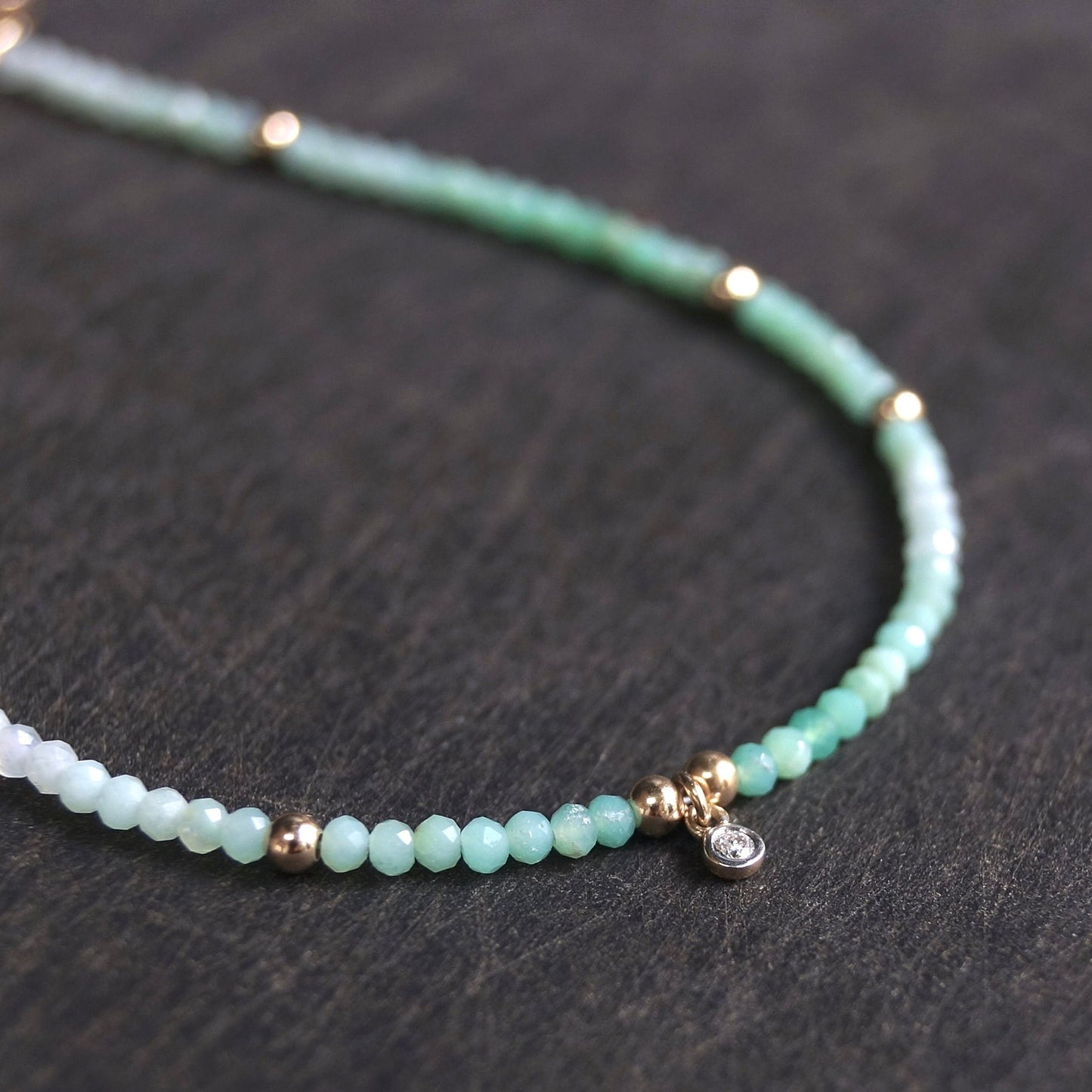 14K: Diamond & Chrysoprase Bracelet | 2 mm | Natural Diamond Charm | Apple Green Gemstone | Boho| Delicate  | Fine Jewelry | Anniversary