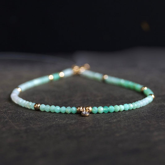 14K: Diamond & Chrysoprase Bracelet | 2 mm | Natural Diamond Charm | Apple Green Gemstone | Boho| Delicate  | Fine Jewelry | Anniversary