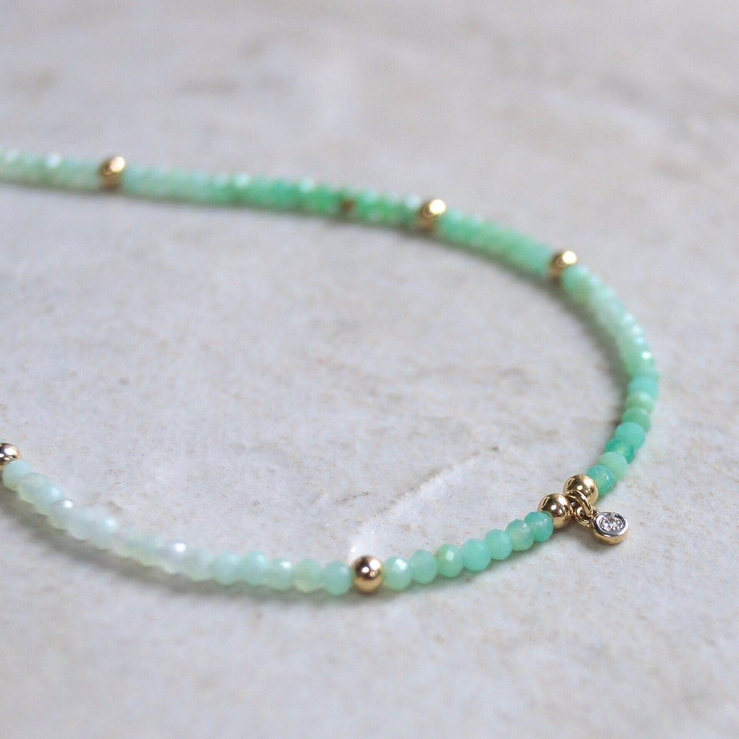 14K: Diamond & Chrysoprase Bracelet | 2 mm | Natural Diamond Charm | Apple Green Gemstone | Boho| Delicate  | Fine Jewelry | Anniversary