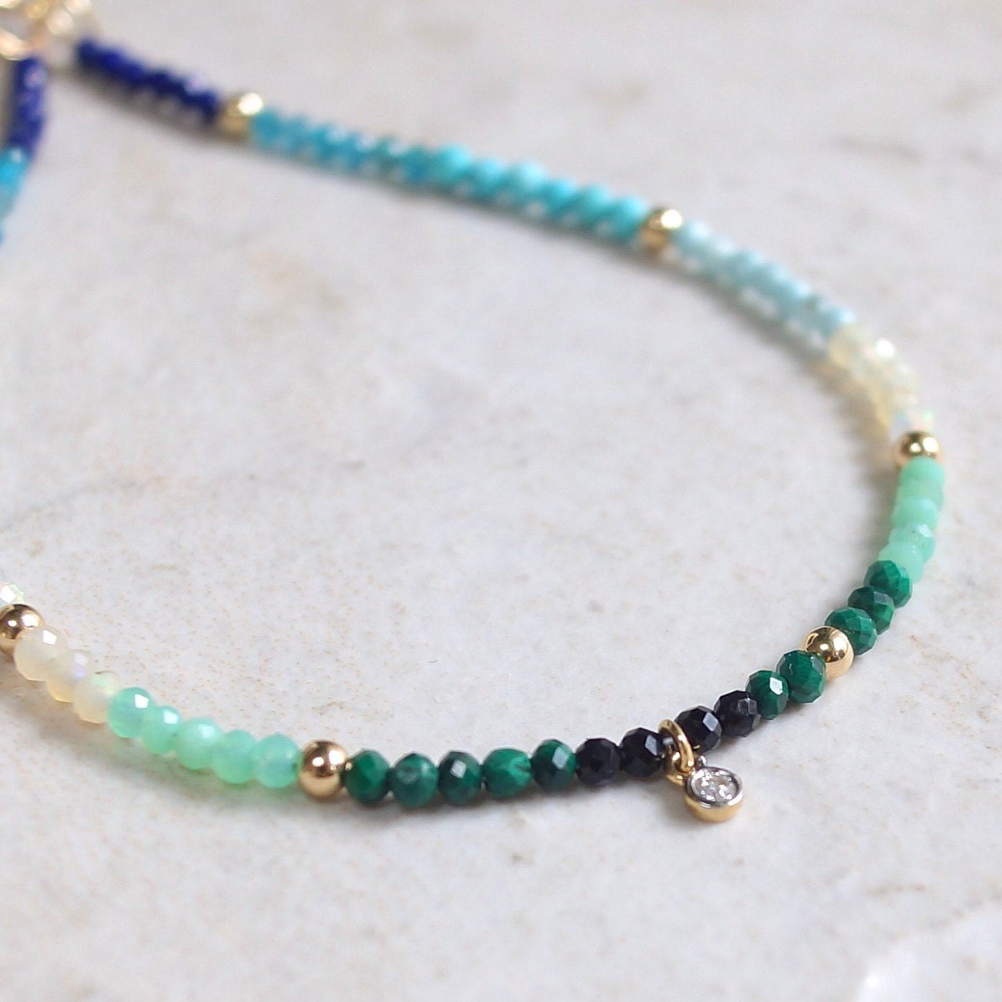 14K: Diamond & Multi Color Bead Bracelet | 2mm | Natural Diamond Charm | Rainbow Gemstone | Boho| Ombre  | Fine Jewelry | Anniversary