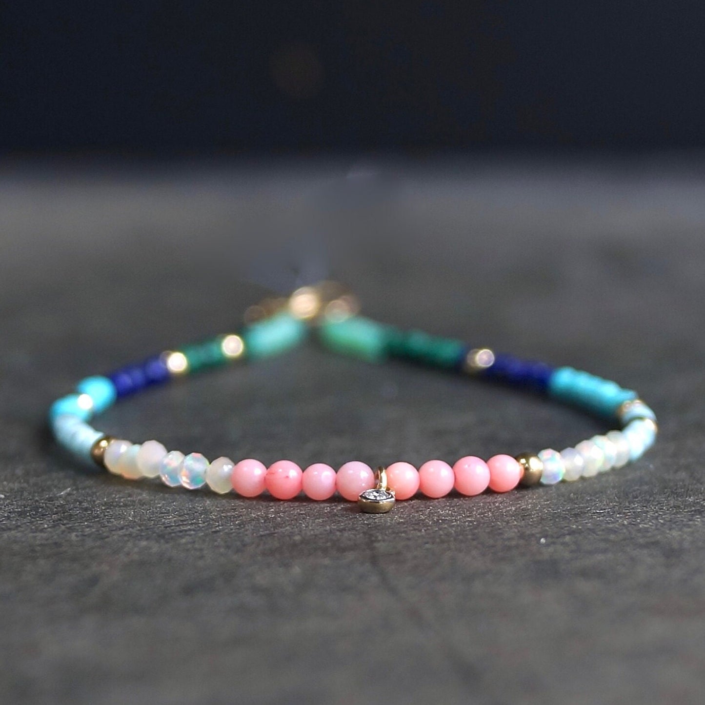 14K: Diamond & Multi Color Bead Bracelet | 2mm | Natural Diamond Charm | Rainbow Gemstone | Boho| Ombre  | Fine Jewelry | Anniversary