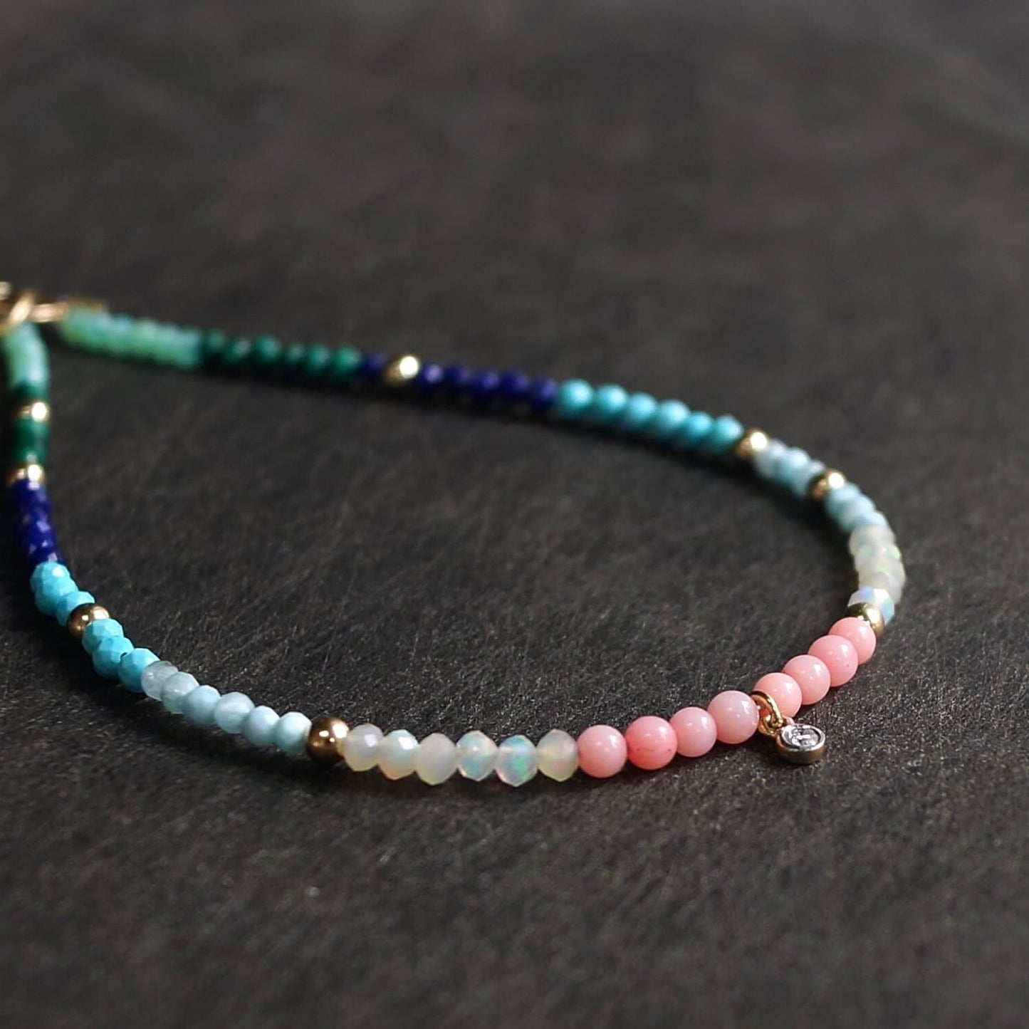 14K: Diamond & Multi Color Bead Bracelet | 2mm | Natural Diamond Charm | Rainbow Gemstone | Boho| Ombre  | Fine Jewelry | Anniversary