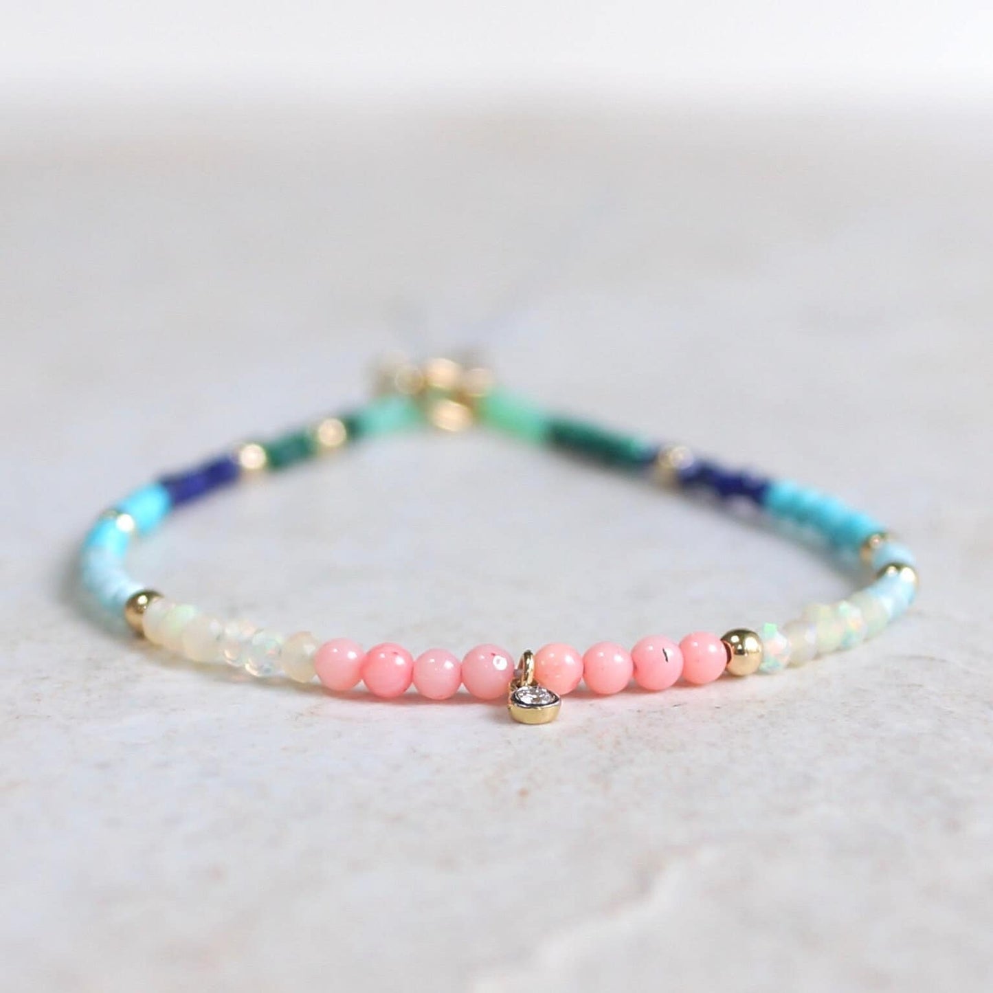 14K: Diamond & Multi Color Bead Bracelet | 2mm | Natural Diamond Charm | Rainbow Gemstone | Boho| Ombre  | Fine Jewelry | Anniversary