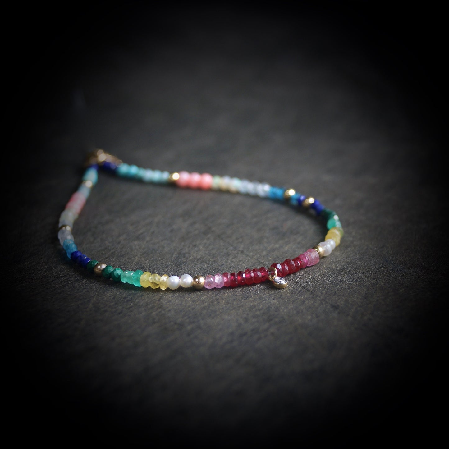 14K: Diamond & Rainbow Bracelet | 2mm | Natural Diamond Charm | Rainbow Gemstone | Boho| Ombre  | Fine Jewelry | Multi Color