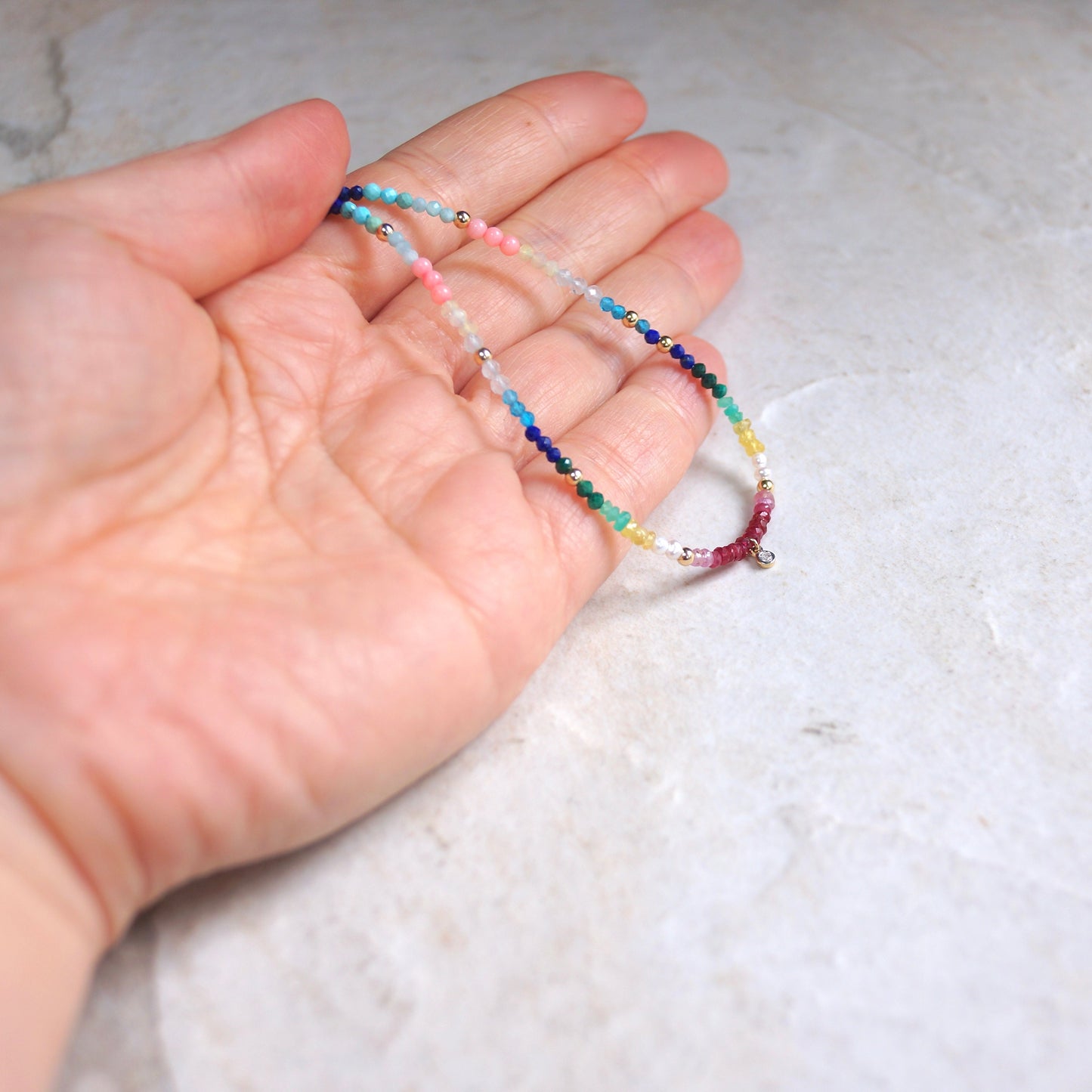 14K: Diamond & Rainbow Bracelet | 2mm | Natural Diamond Charm | Rainbow Gemstone | Boho| Ombre  | Fine Jewelry | Multi Color