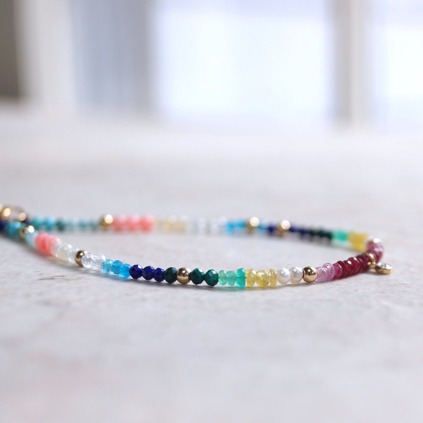 14K: Diamond & Rainbow Bracelet | 2mm | Natural Diamond Charm | Rainbow Gemstone | Boho| Ombre  | Fine Jewelry | Multi Color