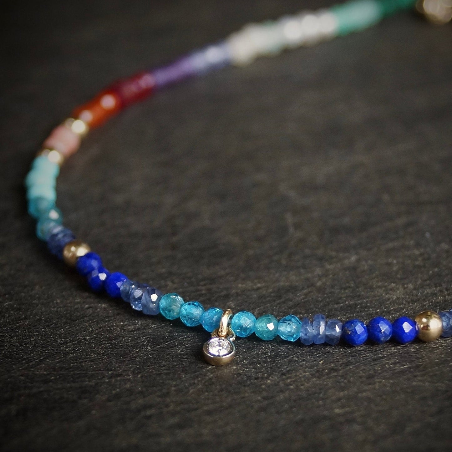 14K: Diamond & Multi Gemstone Bracelet | 2mm | Natural Diamond Charm | Rainbow Bracelet | Bohemian| Ombre  | Fine Jewelry | Apatite Bracelet