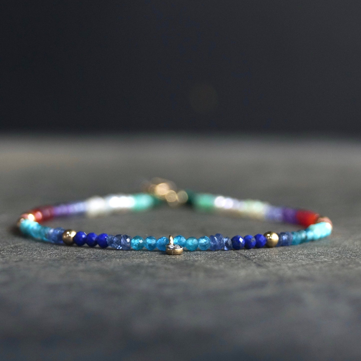 14K: Diamond & Multi Gemstone Bracelet | 2mm | Natural Diamond Charm | Rainbow Bracelet | Bohemian| Ombre  | Fine Jewelry | Apatite Bracelet