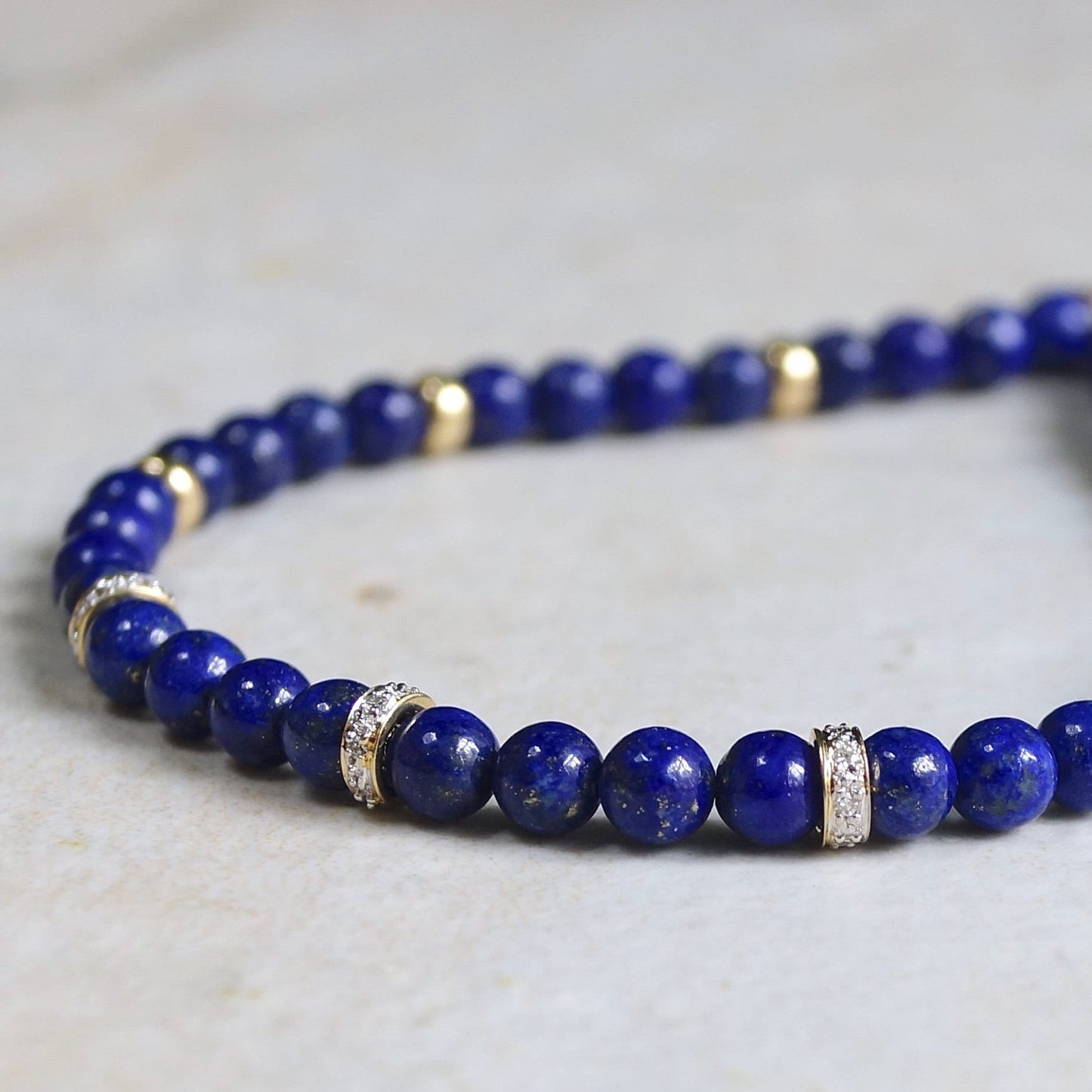 14K: Diamond Spiritual Bead Bracelet | 4mm |  Diamond | Lapis Lazuli | Bead Bracelet | Navy Blue Gemstone | Fine Jewelry | For Him