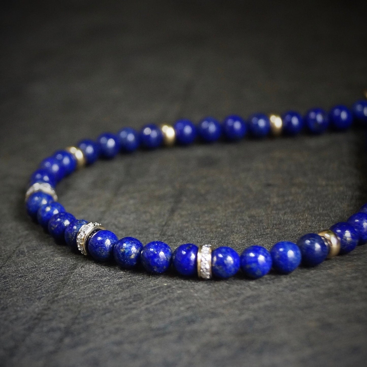 14K: Diamond Spiritual Bead Bracelet | 4mm |  Diamond | Lapis Lazuli | Bead Bracelet | Navy Blue Gemstone | Fine Jewelry | For Him