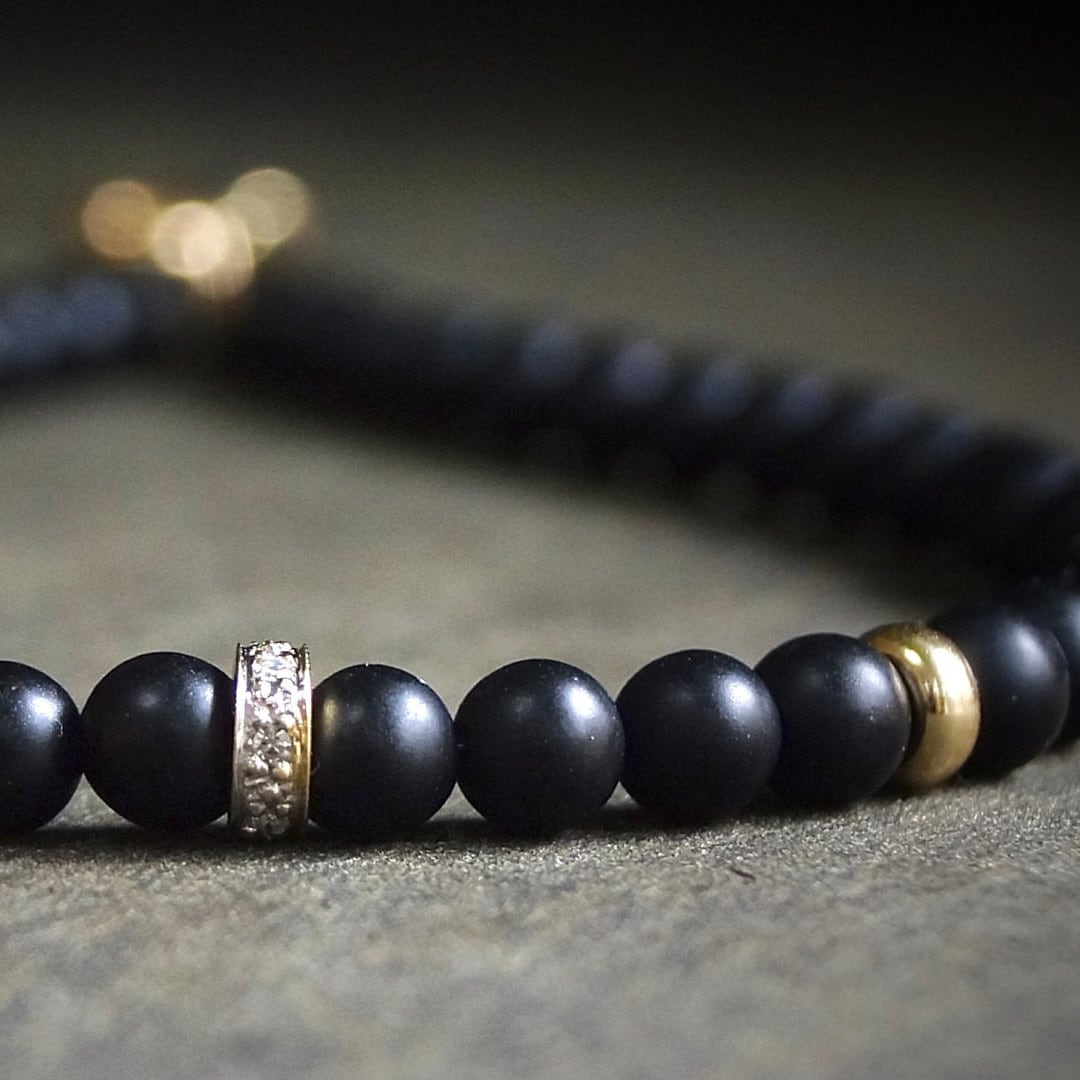 14K Solid Gold: Onyx & Diamond Bead Bracelet | 4mm |  Diamond | Black Gemstone | Father's Day | Fine Jewelry | For Him | Matte Black