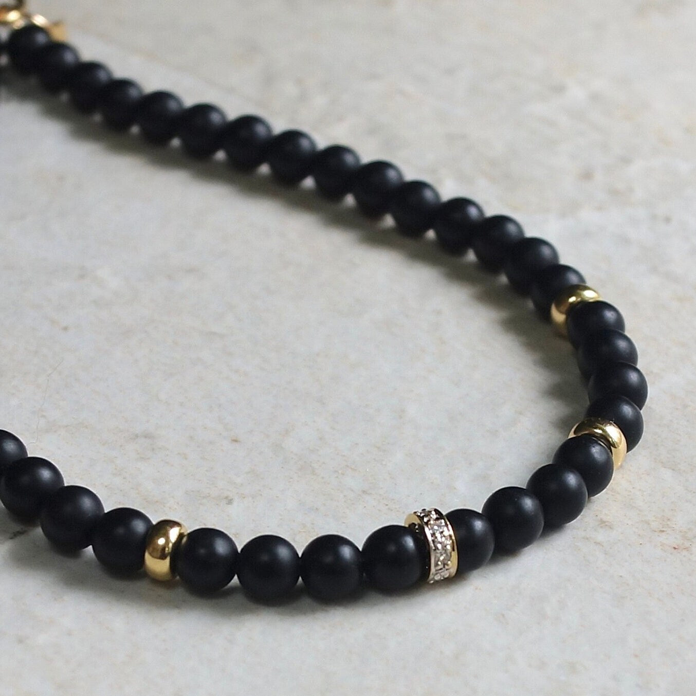 14K Solid Gold: Onyx & Diamond Bead Bracelet | 4mm |  Diamond | Black Gemstone | Father's Day | Fine Jewelry | For Him | Matte Black