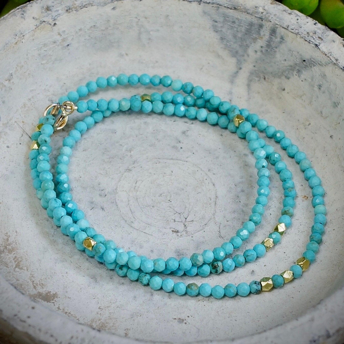 14K Solid Gold: Turquoise Beaded Necklace| 2.5mm | Simple Layer Turquoise | Dainty Very Thin Gemstone | Sleeping Beauty