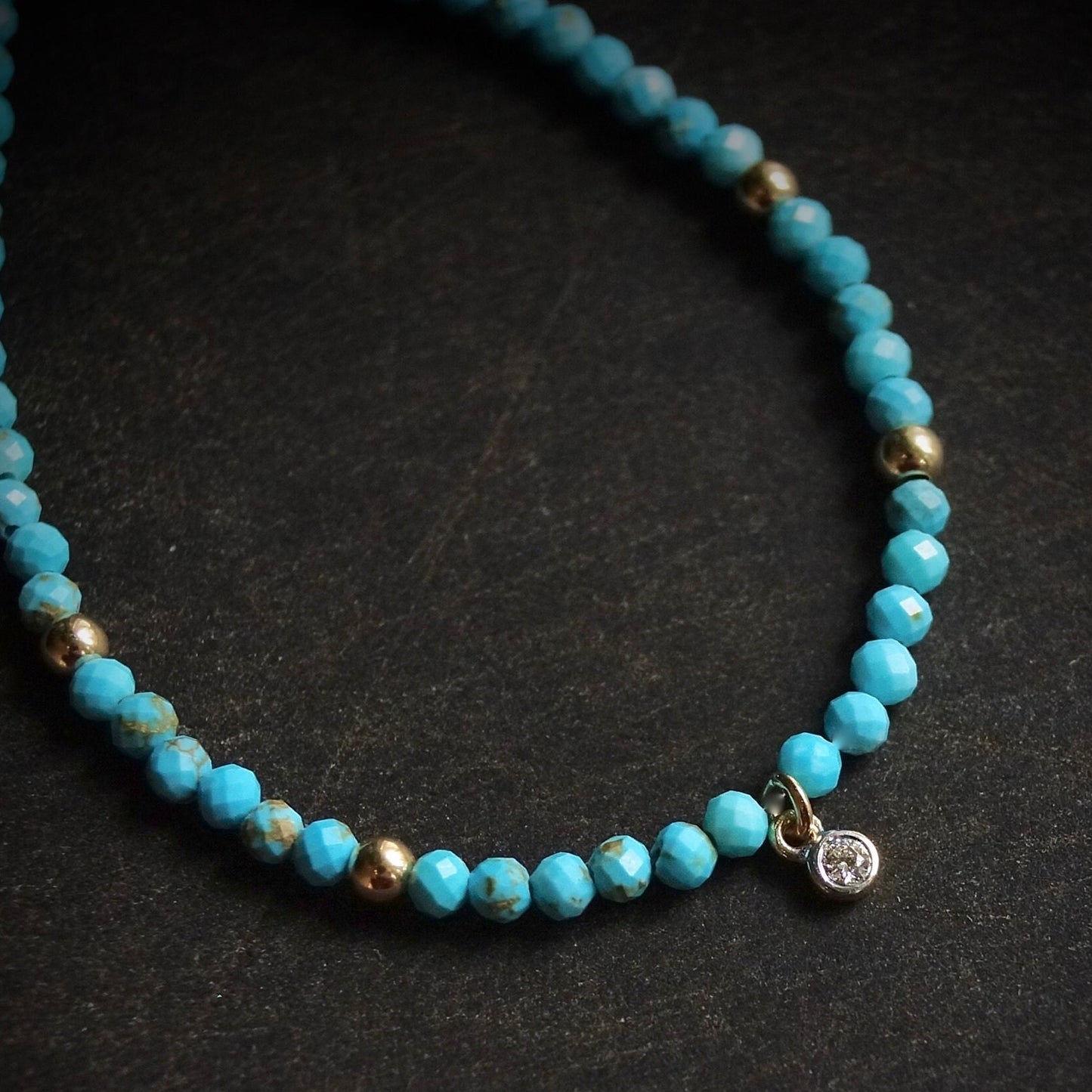 14K Solid Gold: Turquoise & Diamond Charm Necklace| 2.5mm | Beaded Gemstone | Dainty Delicate | Sleeping Beauty | Fine Jewelry