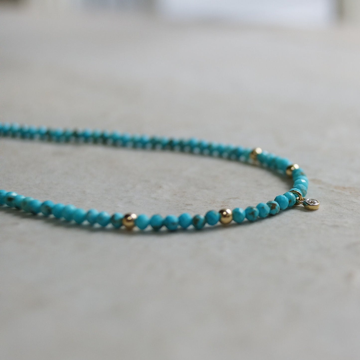 14K Solid Gold: Turquoise & Diamond Charm Necklace| 2.5mm | Beaded Gemstone | Dainty Delicate | Sleeping Beauty | Fine Jewelry