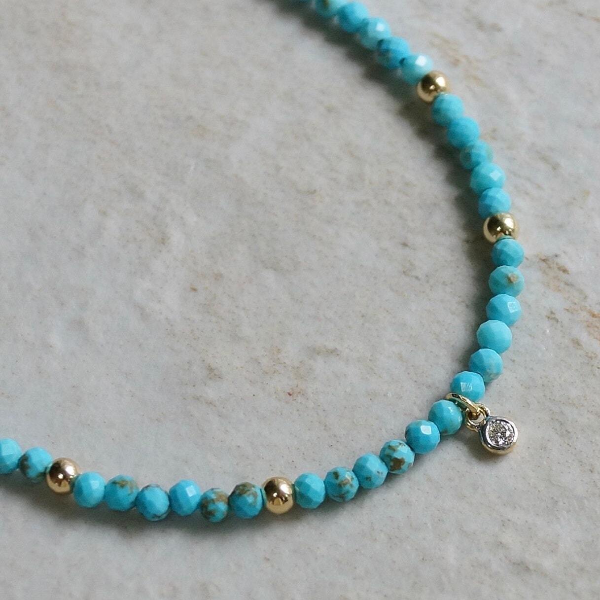 14K Solid Gold: Turquoise & Diamond Charm Necklace| 2.5mm | Beaded Gemstone | Dainty Delicate | Sleeping Beauty | Fine Jewelry