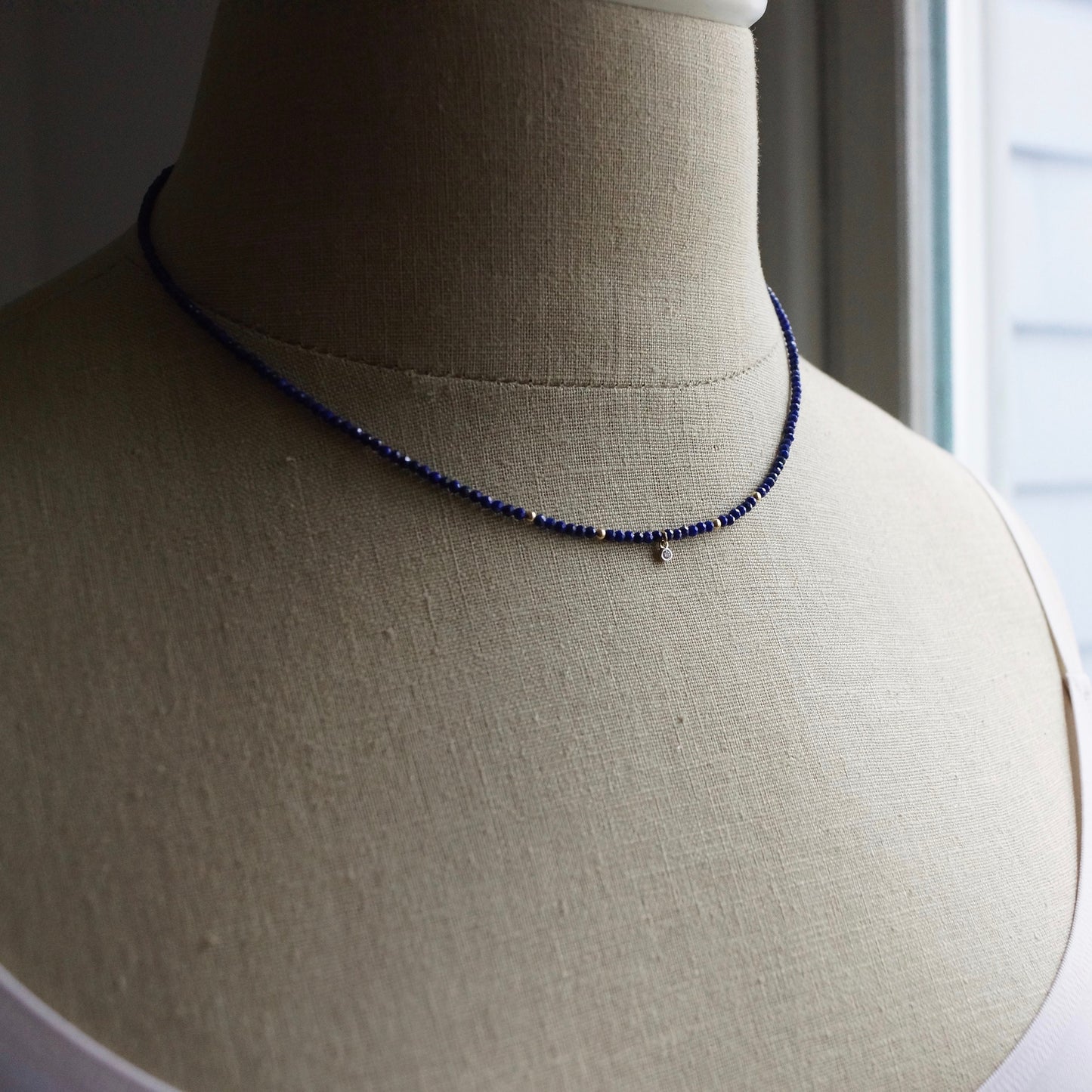 14K Solid Gold: Lapis Lazuli & Diamond Charm Necklace| 2.2mm | Beaded Gemstone | Dainty Delicate | Navy Blue | Fine Jewelry