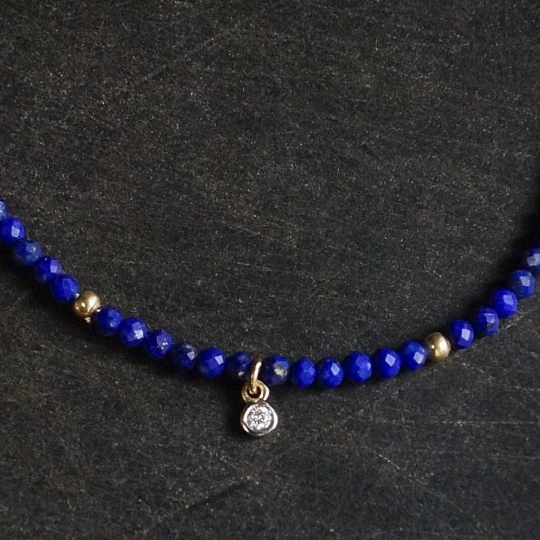 14K Solid Gold: Lapis Lazuli & Diamond Charm Necklace| 2.2mm | Beaded Gemstone | Dainty Delicate | Navy Blue | Fine Jewelry