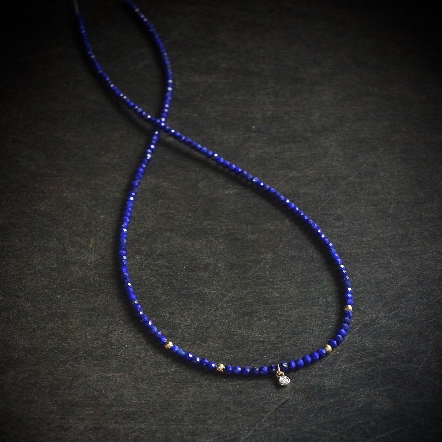 14K Solid Gold: Lapis Lazuli & Diamond Charm Necklace| 2.2mm | Beaded Gemstone | Dainty Delicate | Navy Blue | Fine Jewelry