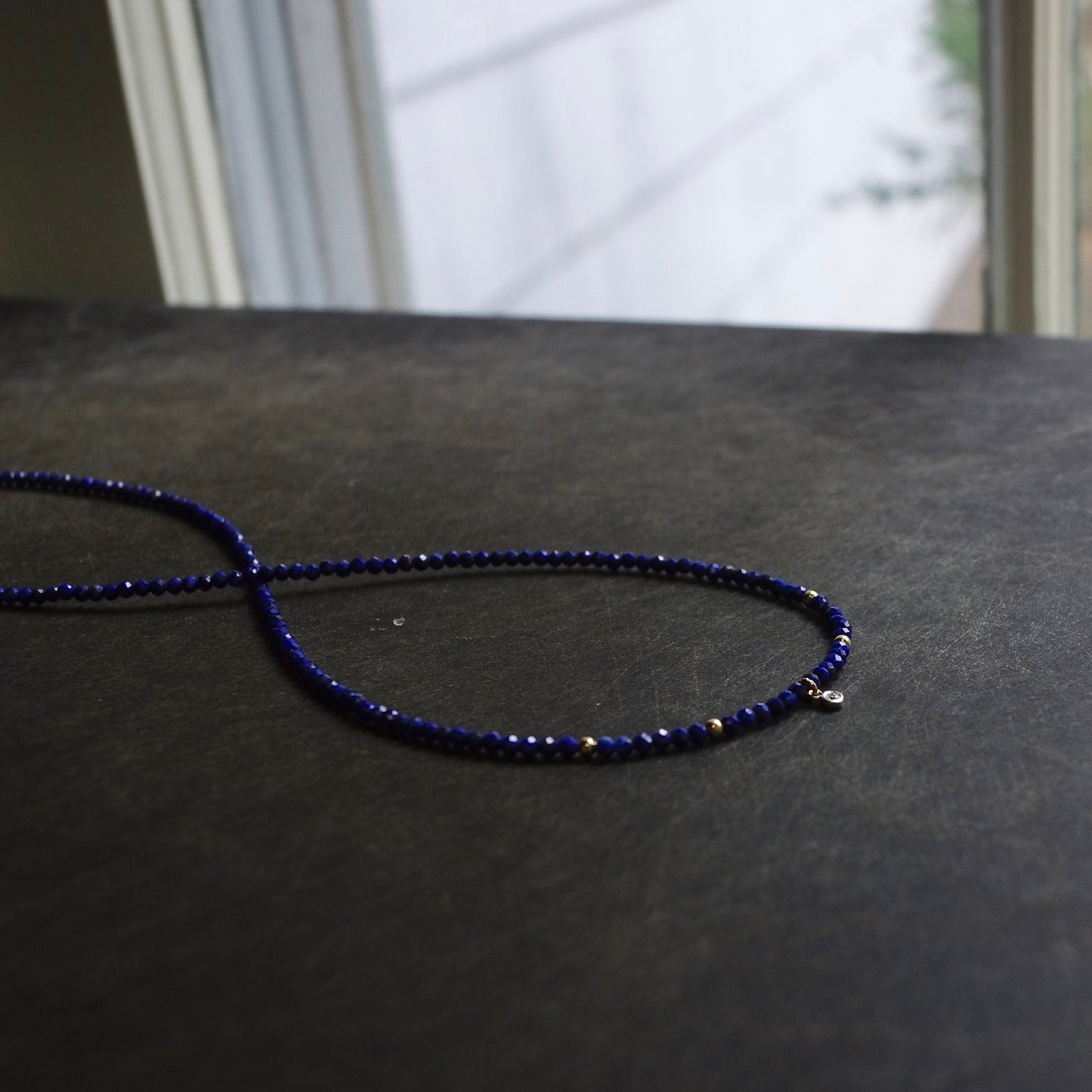 14K Solid Gold: Lapis Lazuli & Diamond Charm Necklace| 2.2mm | Beaded Gemstone | Dainty Delicate | Navy Blue | Fine Jewelry