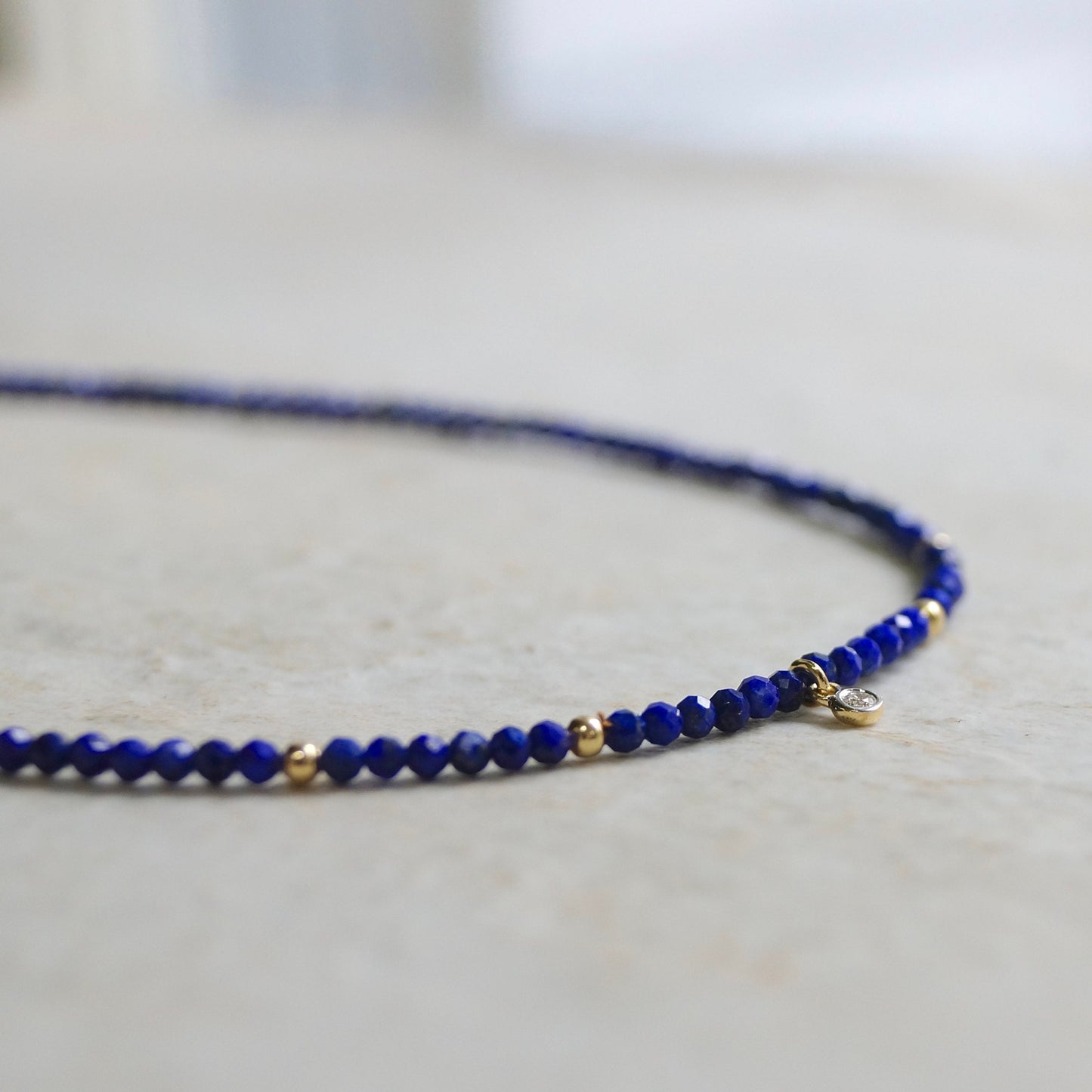 14K Solid Gold: Lapis Lazuli & Diamond Charm Necklace| 2.2mm | Beaded Gemstone | Dainty Delicate | Navy Blue | Fine Jewelry