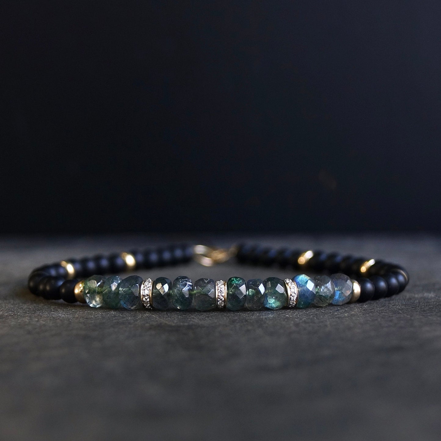 14K Solid Gold: Mens Spiritual Bead Bracelet | 4mm |  Diamond| Onyx| Labradorite | Black Gemstone | Father's Day | For Husband | For Him