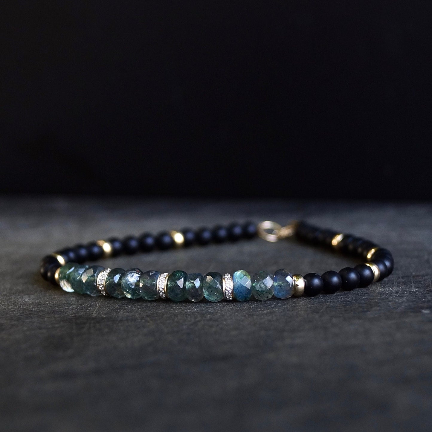 14K Solid Gold: Mens Spiritual Bead Bracelet | 4mm |  Diamond| Onyx| Labradorite | Black Gemstone | Father's Day | For Husband | For Him