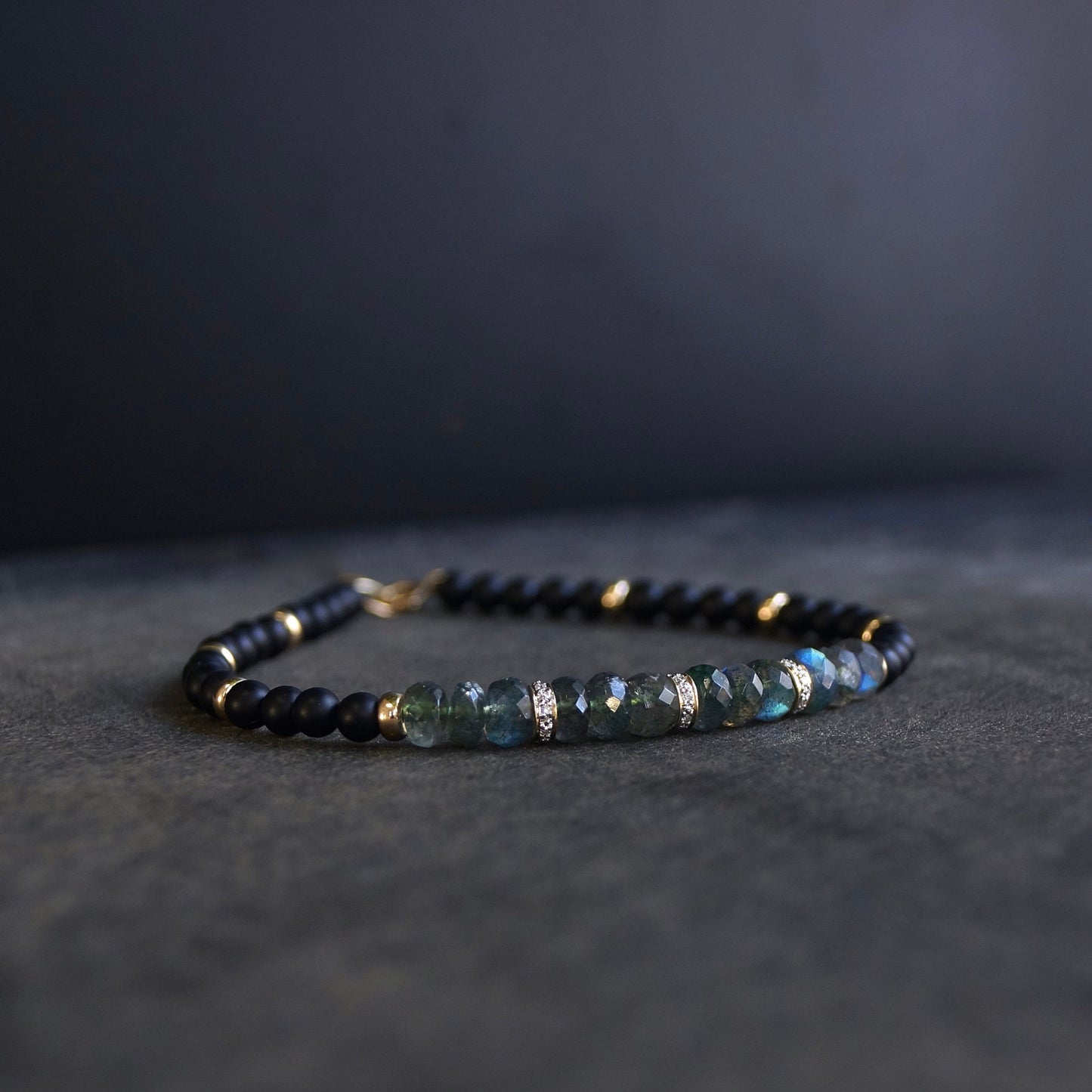 14K Solid Gold: Mens Spiritual Bead Bracelet | 4mm |  Diamond| Onyx| Labradorite | Black Gemstone | Father's Day | For Husband | For Him