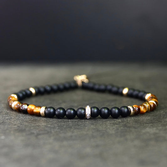 14K Solid Gold: Diamond & Tiger's Eye Bead Bracelet | 4mm | Natural Diamond |Black Gemstone |Fine Jewelry |For Him |Black Onyx