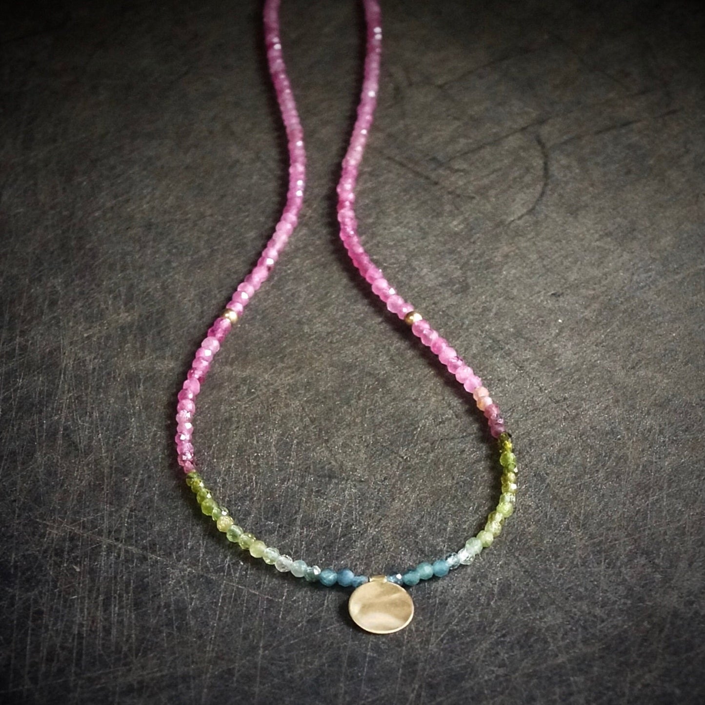 14K: Gold Disk & Tourmaline Necklace| Boho| Bohemian| Solid Gold| Fine Jewelry| Multi Color| Rainbow Tourmaline| Pink Blue Green| Choker