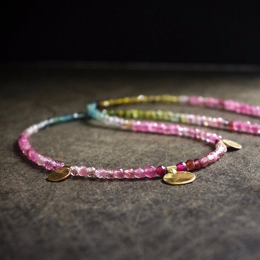 14K: Ombre Tourmaline Bead Necklace| Multi Color| Pink Tourmaline| Fine Jewelry| Gold Disc| Solid Gold Jewelry| Boho| Bohemian