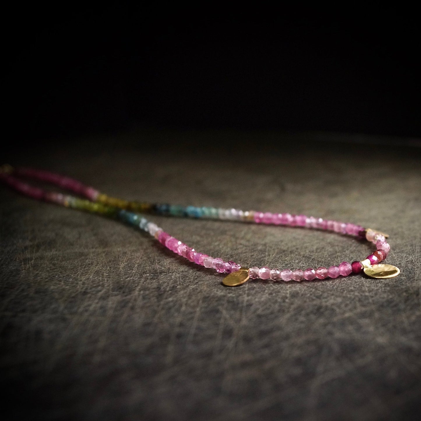 14K: Ombre Tourmaline Bead Necklace| Multi Color| Pink Tourmaline| Fine Jewelry| Gold Disc| Solid Gold Jewelry| Boho| Bohemian