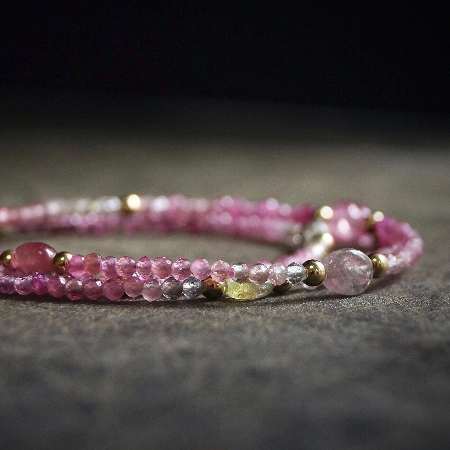 14K: Pink Tourmaline Bead Necklace| Ombre Tourmaline| Boho| Bohemian| Skinny Necklace| Dainty Jewelry| Solid Gold