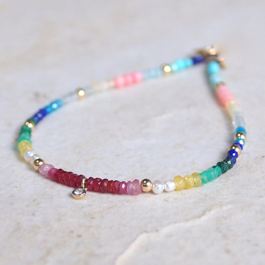 Diamond & Rainbow Bracelet 14K Gold | 2mm | Natural Diamond Charm | Multi Gemstones | Bohemian| Ombre  | Fine Jewelry | Multi Color