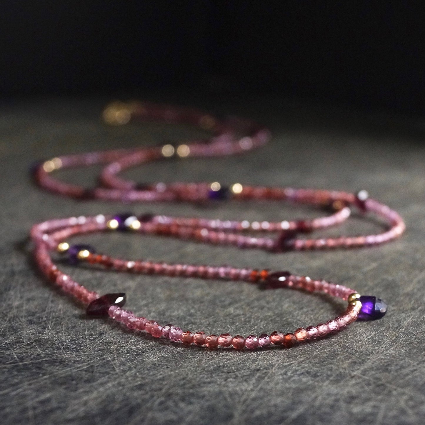 14K Solid Gold: Red Garnet Long Necklace| Amethyst| Fine Jewelry| Beaded Necklace| Delicate Jewelry