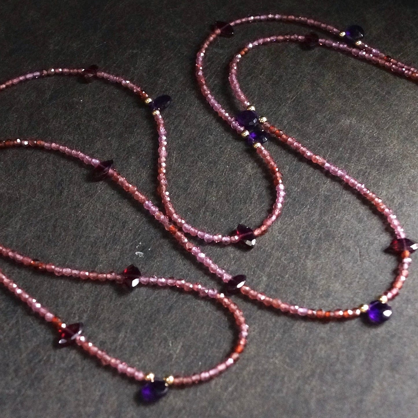 14K Solid Gold: Red Garnet Long Necklace| Amethyst| Fine Jewelry| Beaded Necklace| Delicate Jewelry