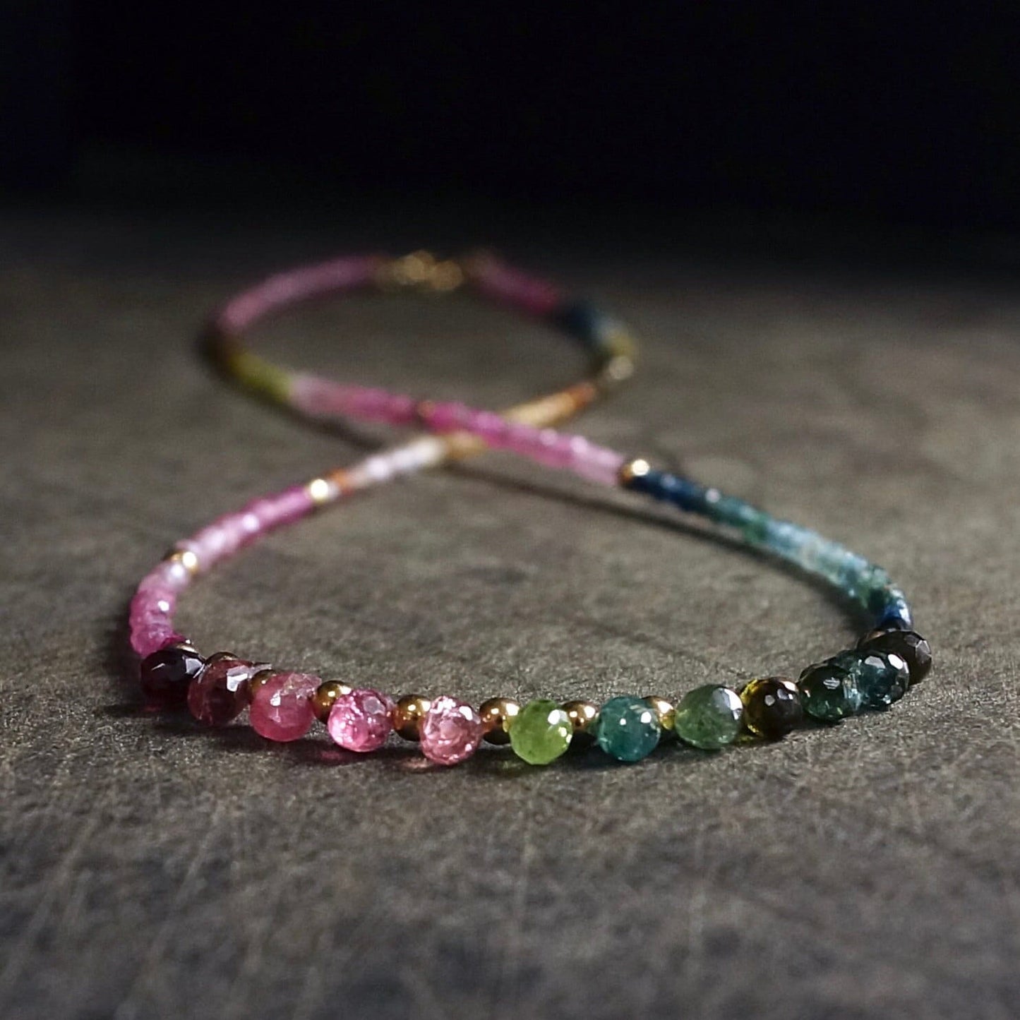 14K Solid Gold: Watermelon Tourmaline Ombre Beaded Necklace, Pink & Blue, Shaded Tourmaline, layered Necklace, Multi Color Beaded Necklace