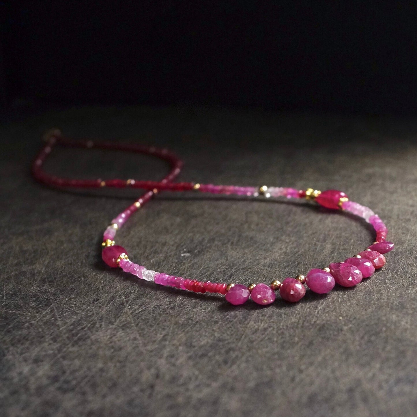 14k Solid Gold: Shaded Ruby Necklace, October Birthstone, Layered Necklace, Ombre Red Ruby, Ultra Skinny Necklace, Delicate Beaded Gemstone