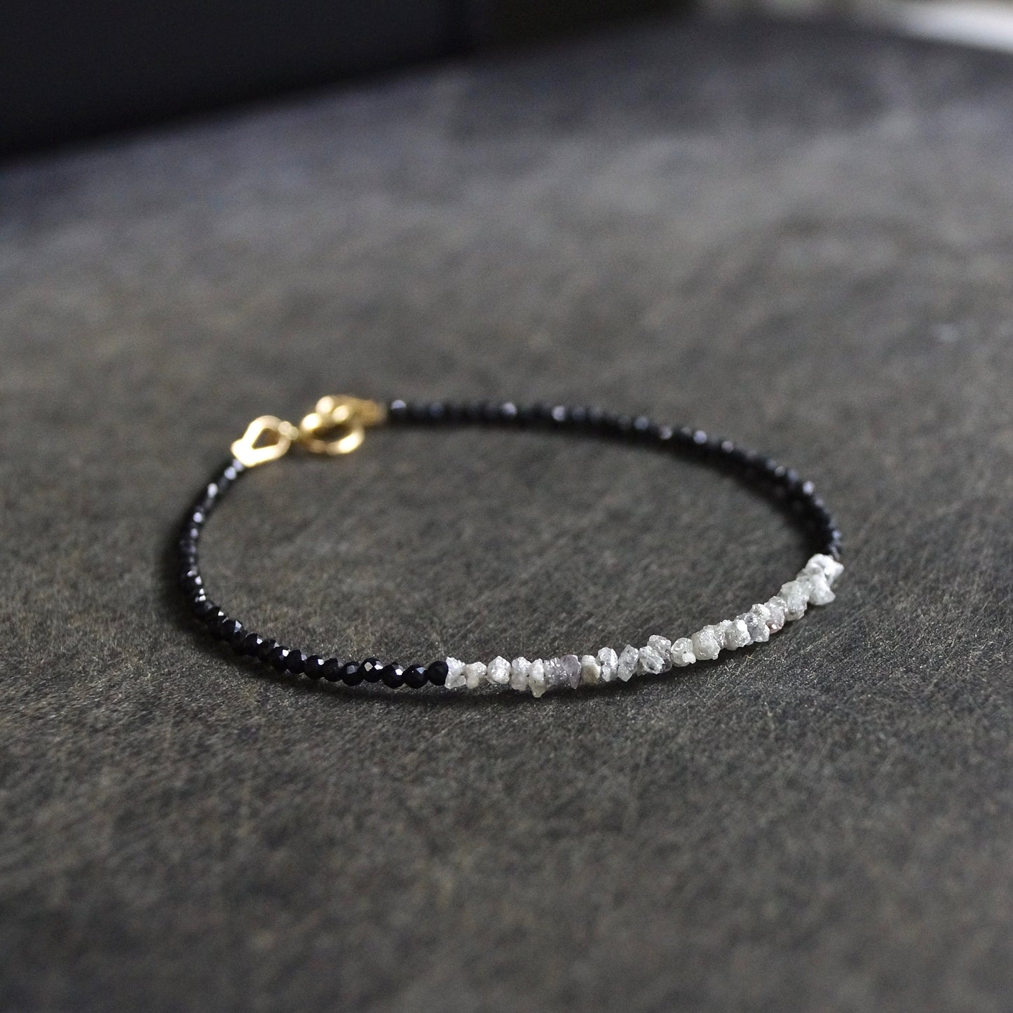 14K Solid Gold| Dainty Raw Grey Diamond Bracelet| Rough Diamonds| April Birthstone| Stacking Bracelet| Boho