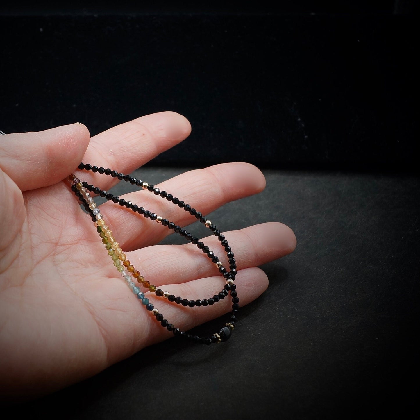 14K Solid Gold: Black Tourmaline Bead Bracelet | 2.5mm | Ombre | Brown | Ocher | Skinny Gemstone | Healing Stone | Chakra