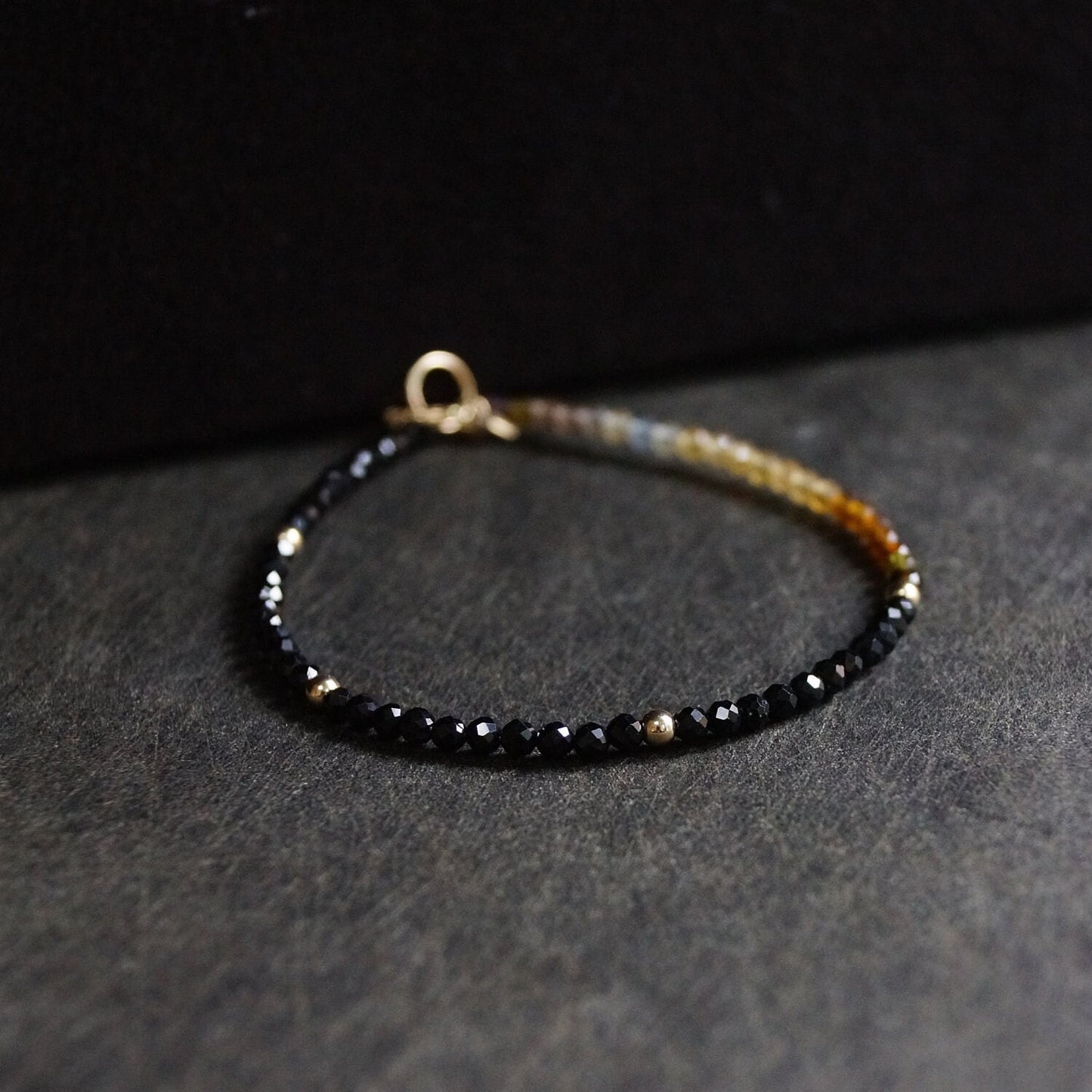 14K Solid Gold: Black Tourmaline Bead Bracelet | 2.5mm | Ombre | Brown | Ocher | Skinny Gemstone | Healing Stone | Chakra