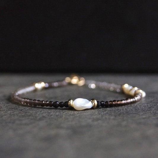 14K Solid Gold: Smoky Quartz Beaded Bracelet | Shaded Brown | Healing Stone | Skinny | Delicate Jewelry | Mens Women