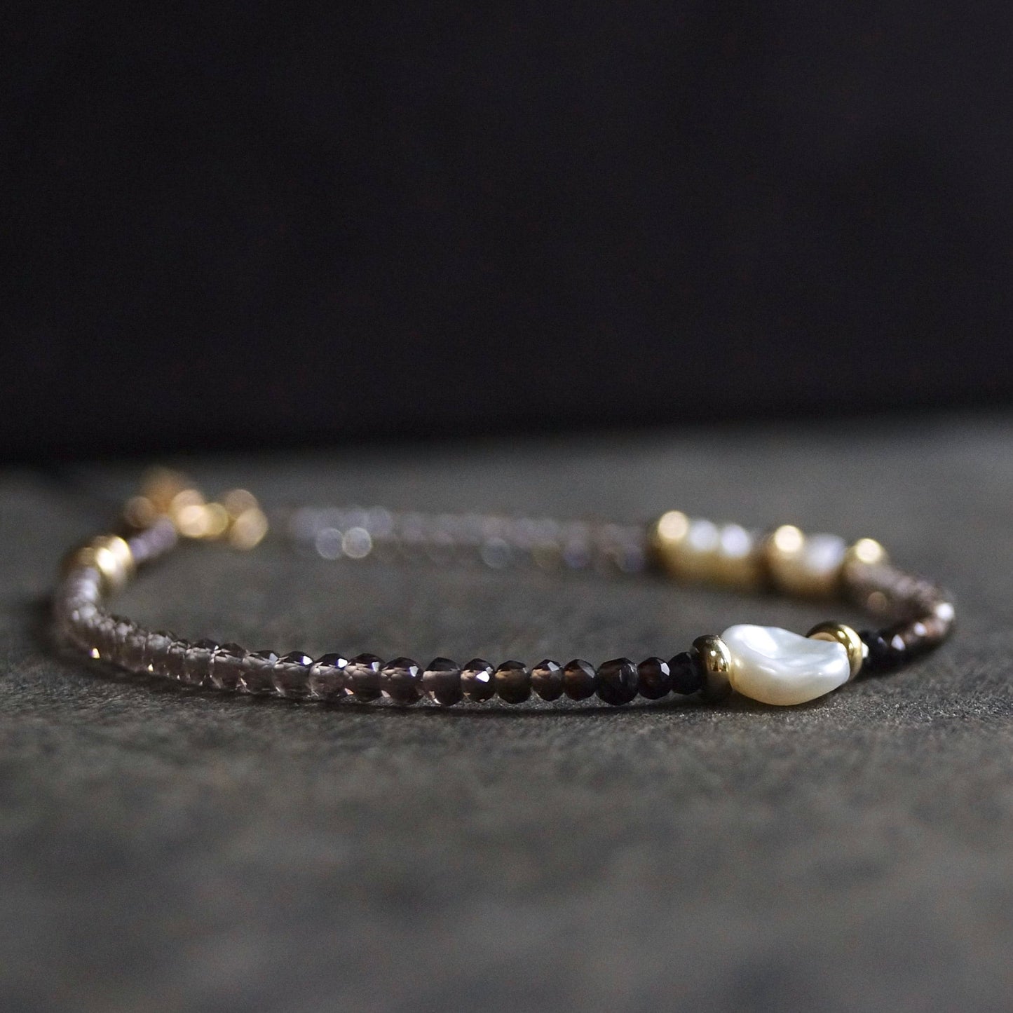 14K Solid Gold: Smoky Quartz Beaded Bracelet | Shaded Brown | Healing Stone | Skinny | Delicate Jewelry | Mens Women