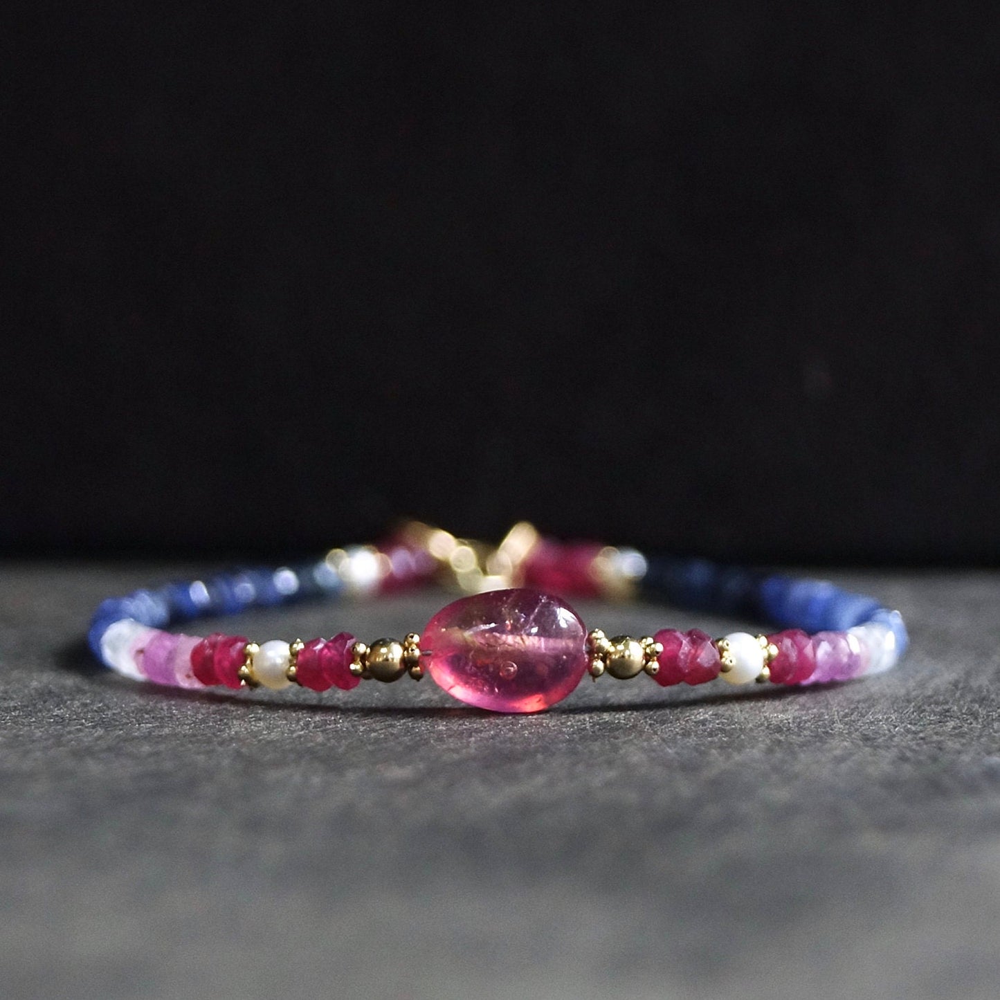 14K Solid Gold: Ombre Ruby and Blue Sapphire Beaded Bracelet, Shaded Precious Stone, Fine Jewelry, Boho, Bohemian, Delicate Skinny